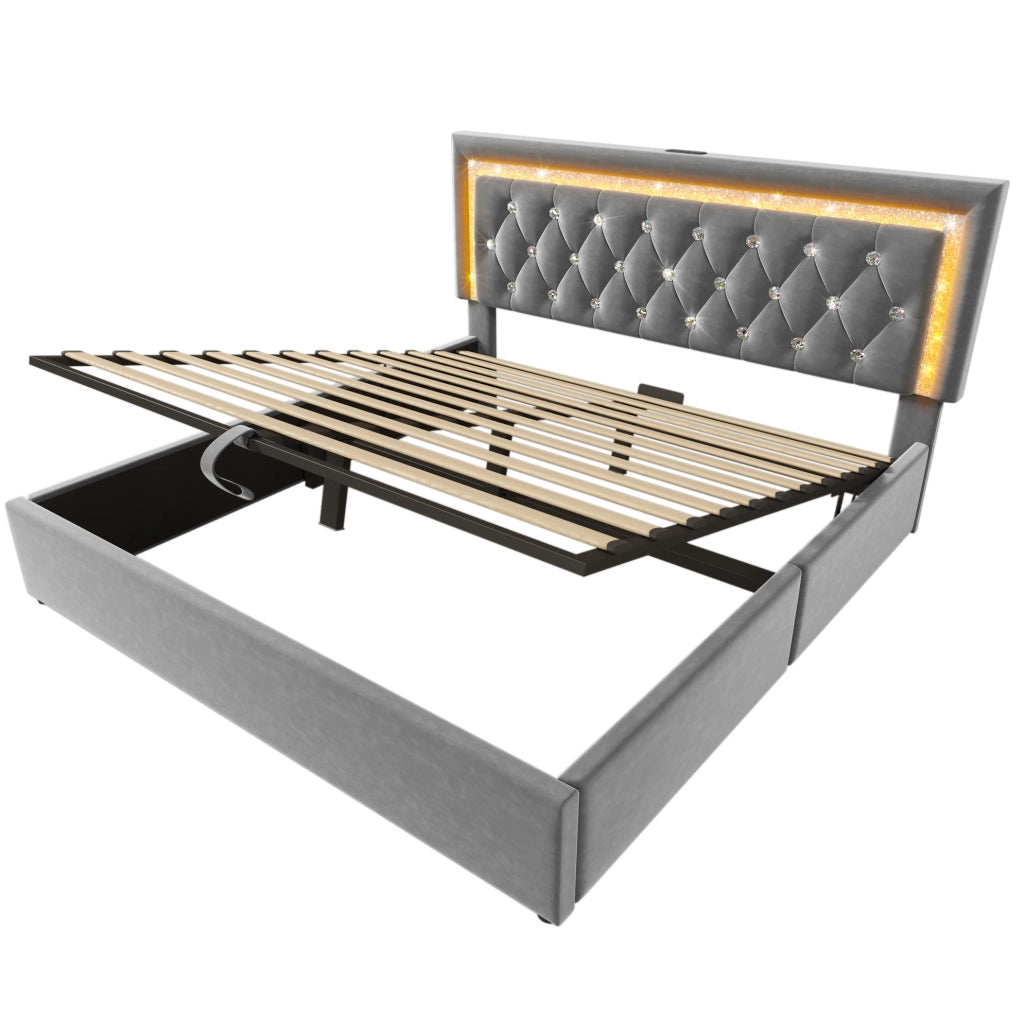 Letto matrimoniale 140x200 cm in velluto grigio con LED integrato; USB e Type-C; contenitore idraulico