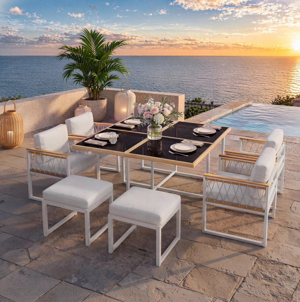 Set da pranzo da esterno 6 posti con tavolo 117x117 cm; vetro temperato e dettagli rattan
