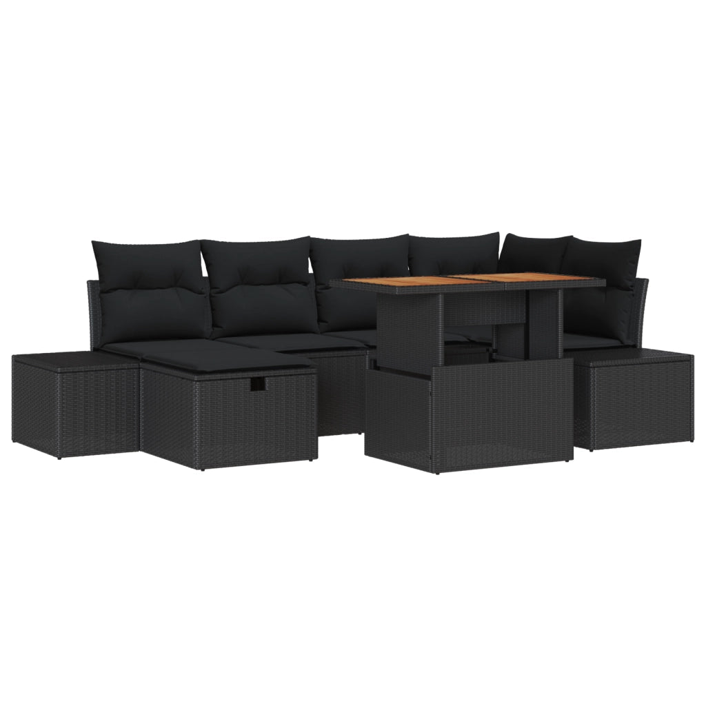 Set Divano da Giardino di 7 Pezzi con Cuscini Nero Polyrattan