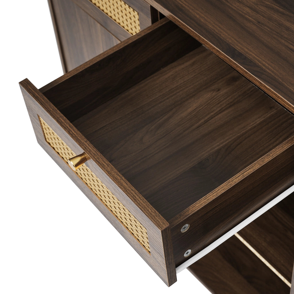 Credenza con 3 cassetti 2 ante e ripiano aperto in effetto noce con rattan e ripiani regolabili 120 × 40 × 85 cm