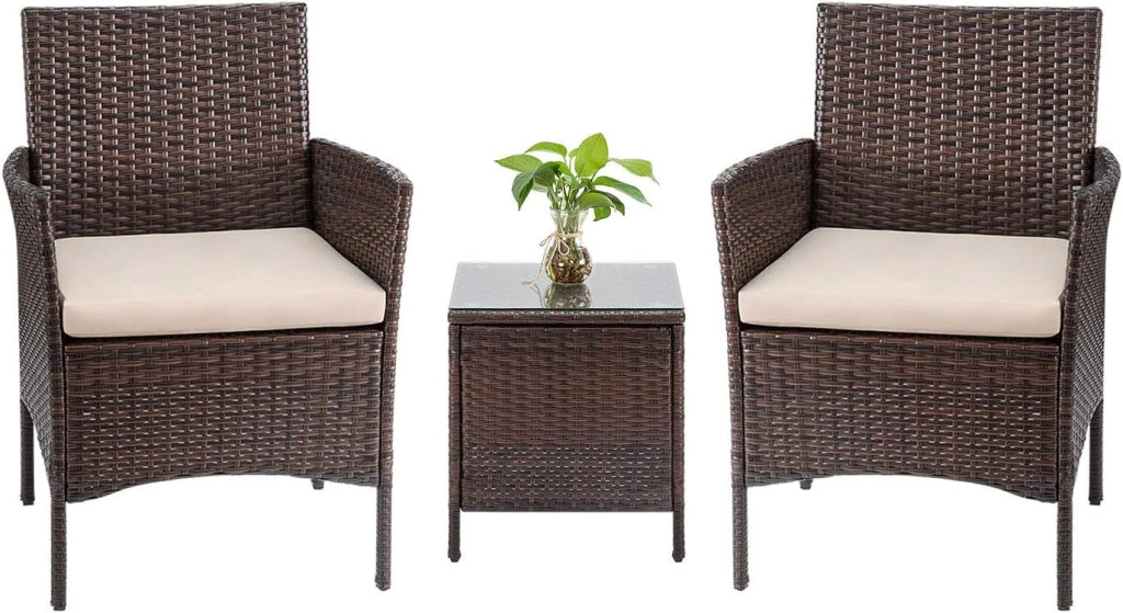 Set da Giardino 2 Poltrone 1 Tavolino Rattan Intrecciato Caffè e Cuscini Beige