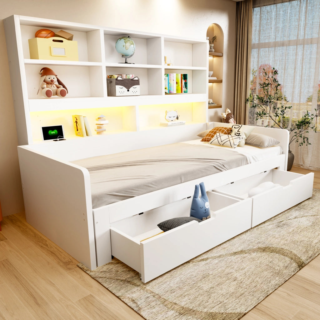 Letto divano estensibile 90x200/180x200 cm con LED; USB; cassetti e ripiani aperti; legno bianco