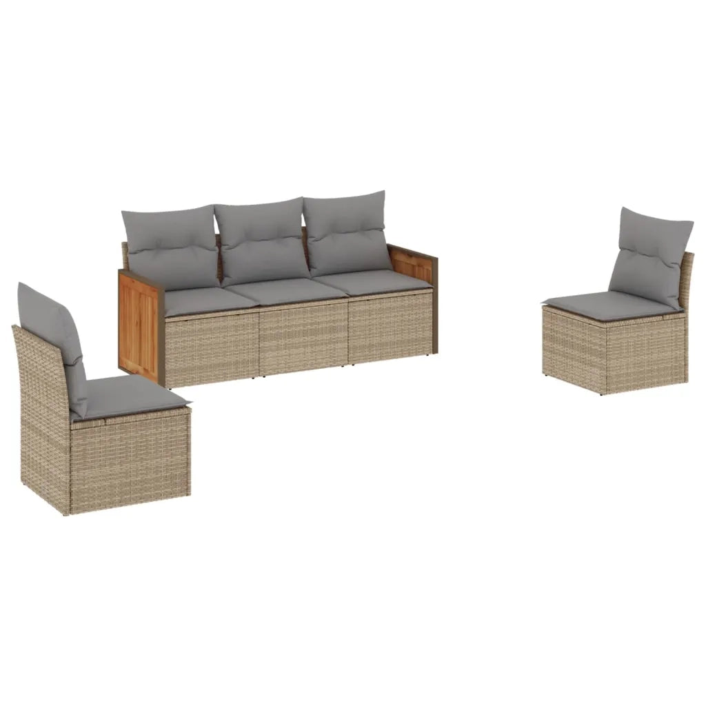 Set Divano da Giardino 5 pz | Set Salotto da Giardino con Cuscini Beige in Polyrattan