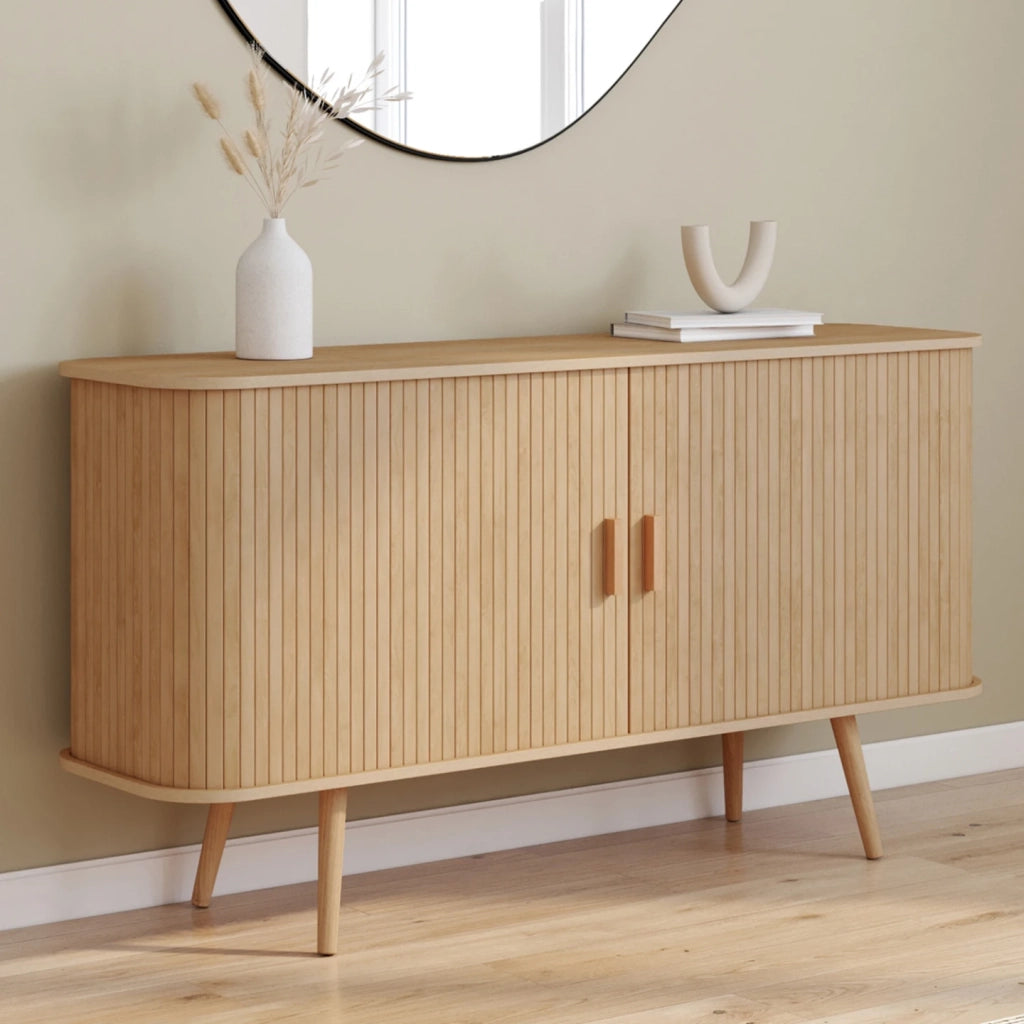 IDMarket - Aparador ROMIE efecto listones 2 puertas correderas 140 cm