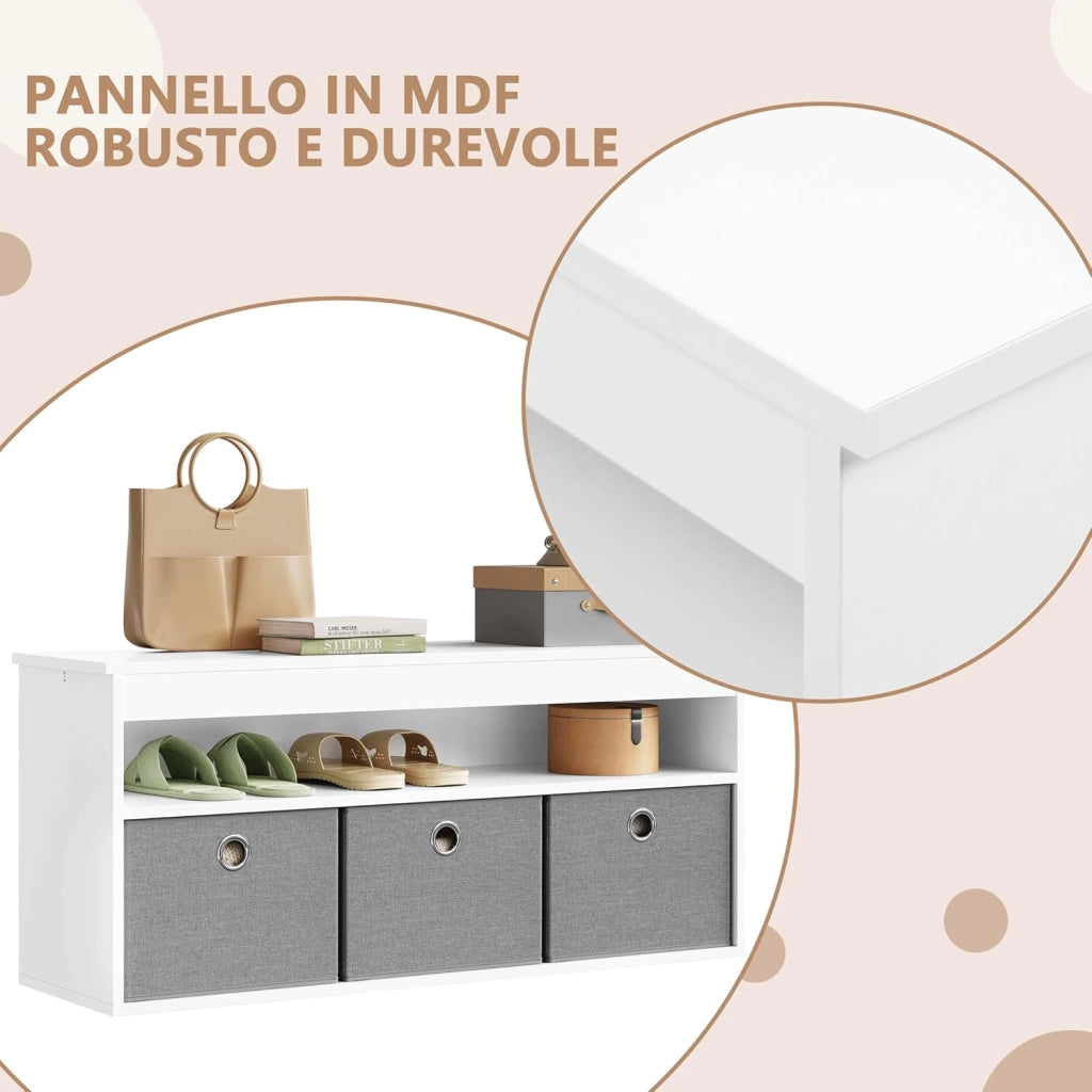 Cassapanca Portaoggetti, Panca con 1 Scomparto Aperto e 3 Cassetti in Tessuto Rimovibili, Panca con Cassetto Portaoggetti, per Ingresso, Soggiorno, Bianco