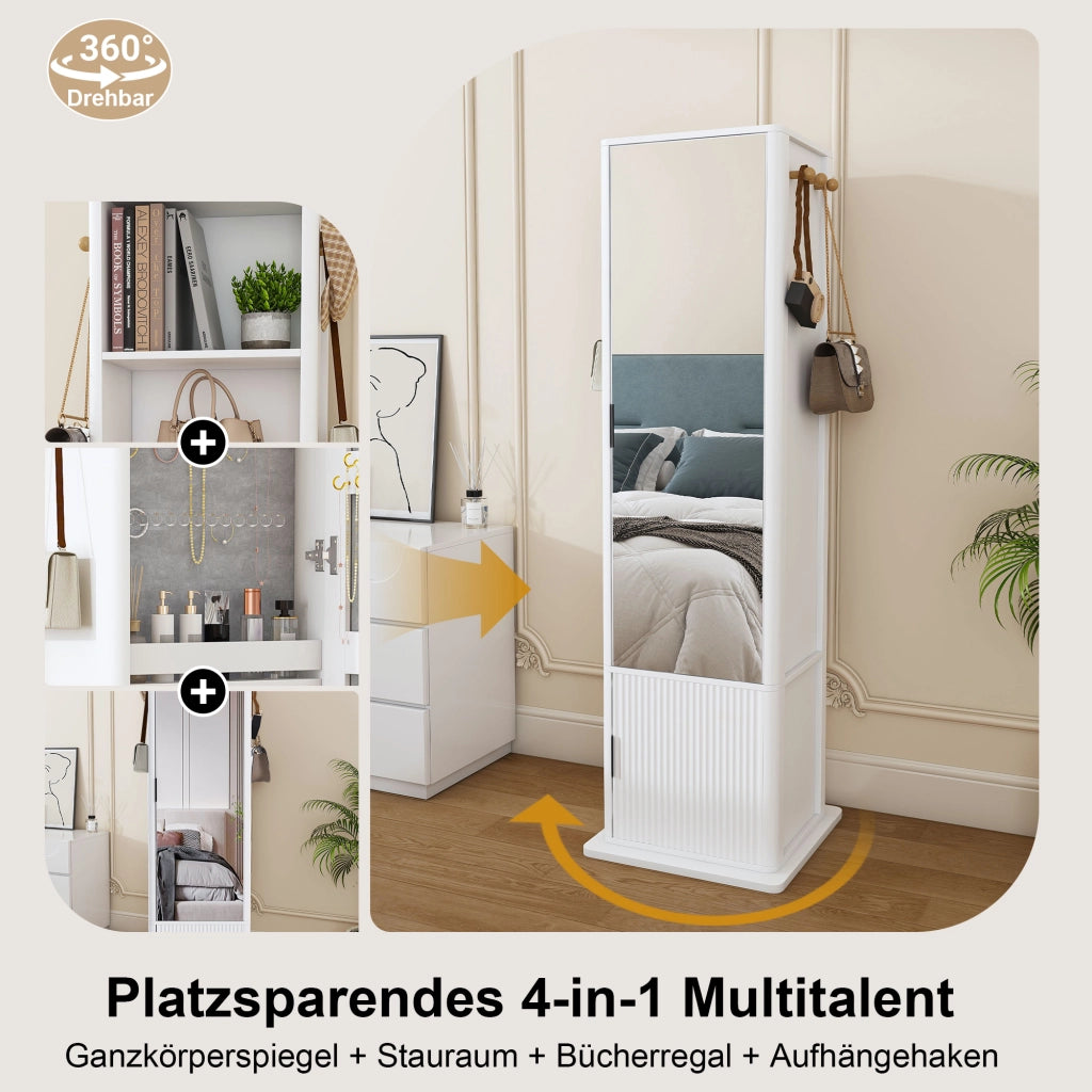 Armadietto a specchio girevole 360° 4 in 1 con organizer per gioielli, ripiani aperti e ganci, bianco 50 × 50 × 170 cm