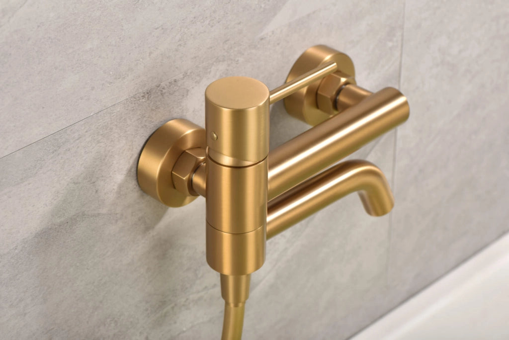 IMEX Miscelatore vasca-doccia oro spazzolato in ottone con tubo flessibile PVC 180 cm supporto doccia ABS maniglia rotonda cartuccia ceramica Ø35 mm finitura PVD modello Imex-BDM039-4OC Monza