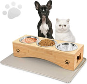 Bacetto per cani o gatti 10 cm alto, 350 ml per ciotola per cibo, separato asciutto e umido, tavola in bambù, ciotola per cibo asciutto, ciotola per cibo umido, ciotola per acqua, con piatto per tovaglia
