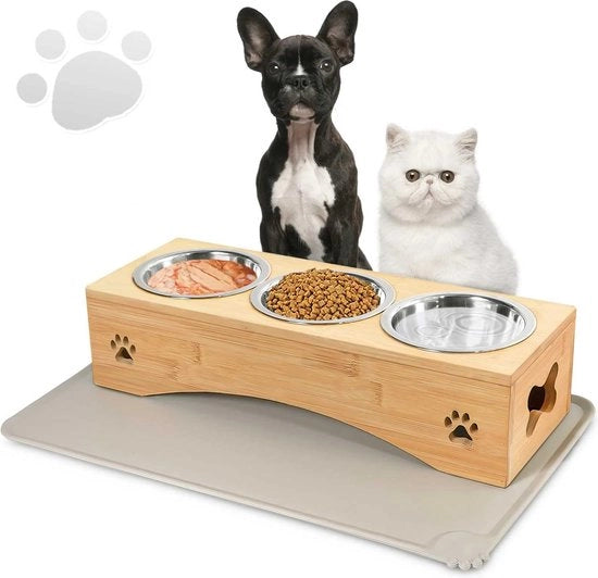 Bacetto per cani o gatti 10 cm alto, 350 ml per ciotola per cibo, separato asciutto e umido, tavola in bambù, ciotola per cibo asciutto, ciotola per cibo umido, ciotola per acqua, con piatto per tovaglia