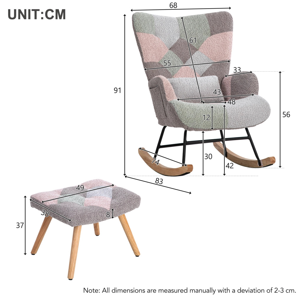 poltrona a dondolo con cuscino lombare e poggiapiedi; struttura in legno di gomma; multicolore in velluto; 250 lb