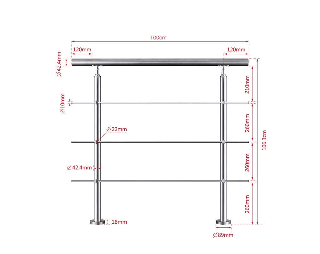 Ringhiera Balaustra Corrimano in acciaio inox 304 spazzolato 100x106cm per interni ed esterni 3 barre trasversali