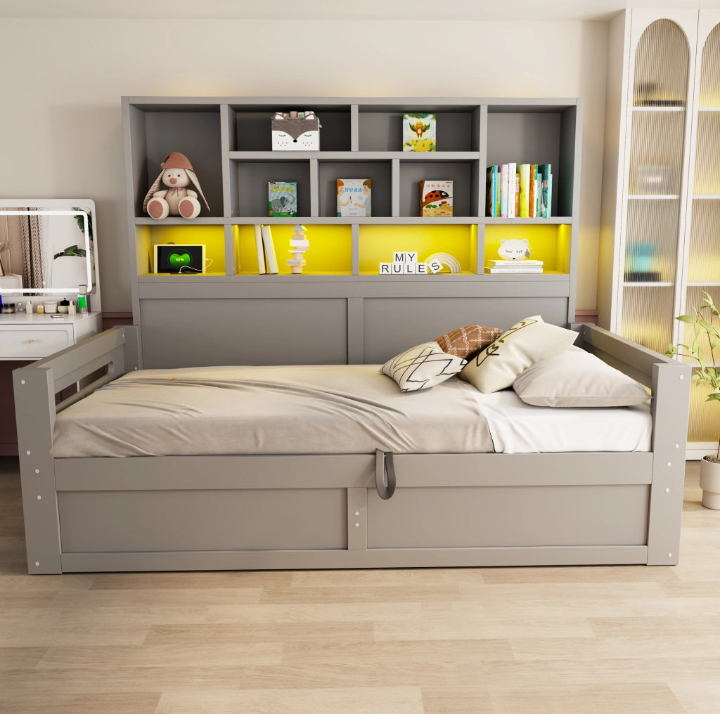 Letto multifunzione 90x200 cm con contenitore idraulico; LED e prese; grigio