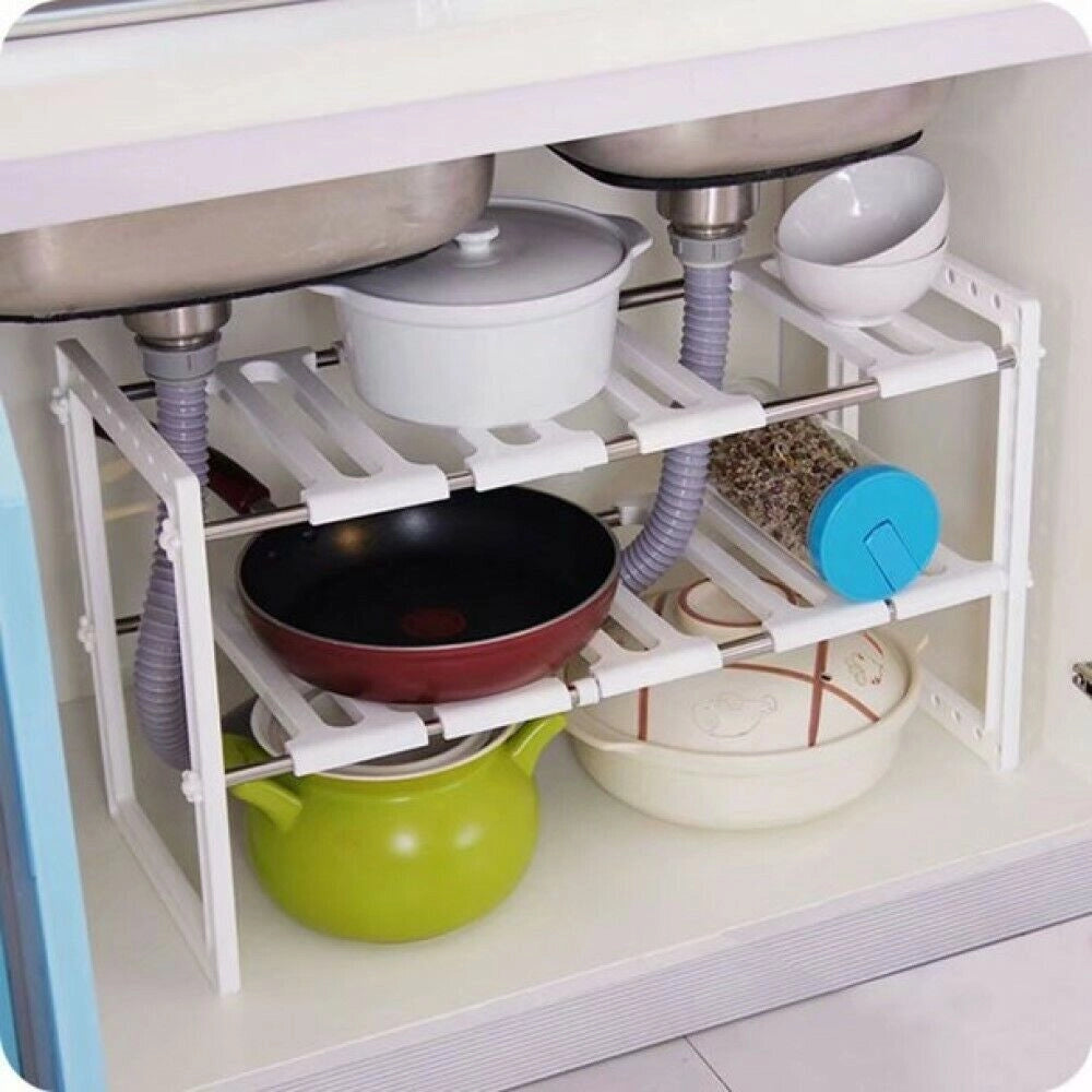 Scaffale sotto lavabo cucina 2 ripiani salvaspazio regolabile 38x26x50-70cm 5818