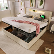 Letto matrimoniale 140x200 cm con LED, USB e porta Type C, in tessuto beige
