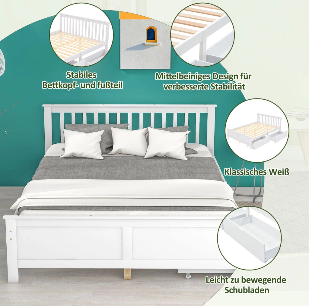 Letto matrimoniale 140x200 cm bianco con 2 cassetti
