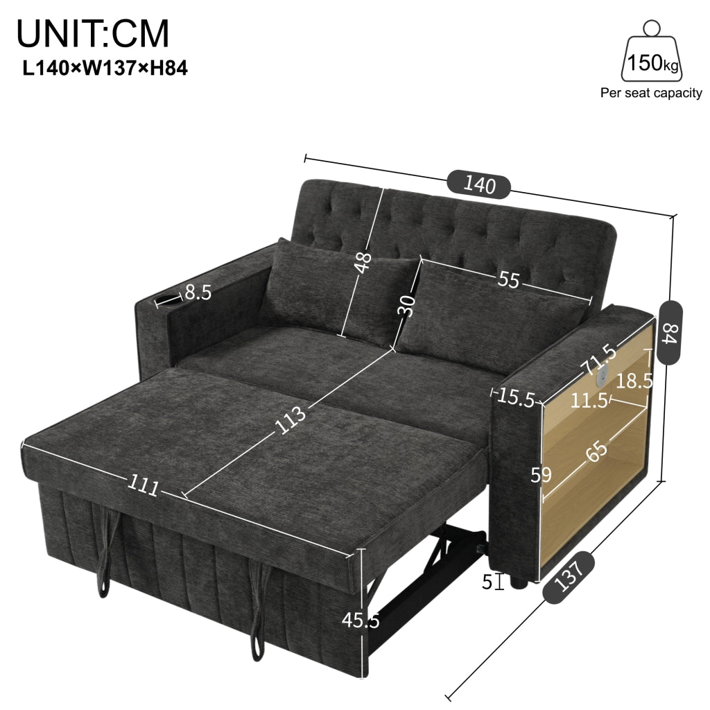 Divano letto a 2 posti - con funzione letto; USB e portabicchieri - in chenille - grigio