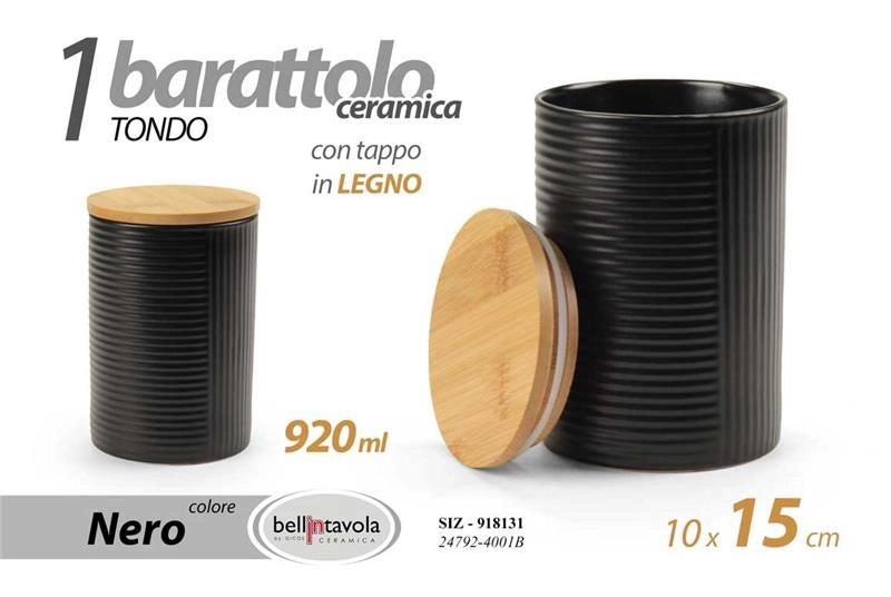 SET 3 BARATTOLI IN CERAMICA CON RILIEVO NERO, TAPPO IN LEGNO 920ML 10 X 15 CM