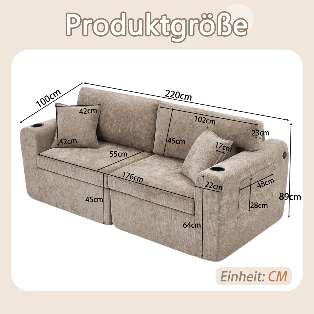 Divano 2 posti relax in chenille con USB; tasca laterale; portabevande e cuscini; marrone