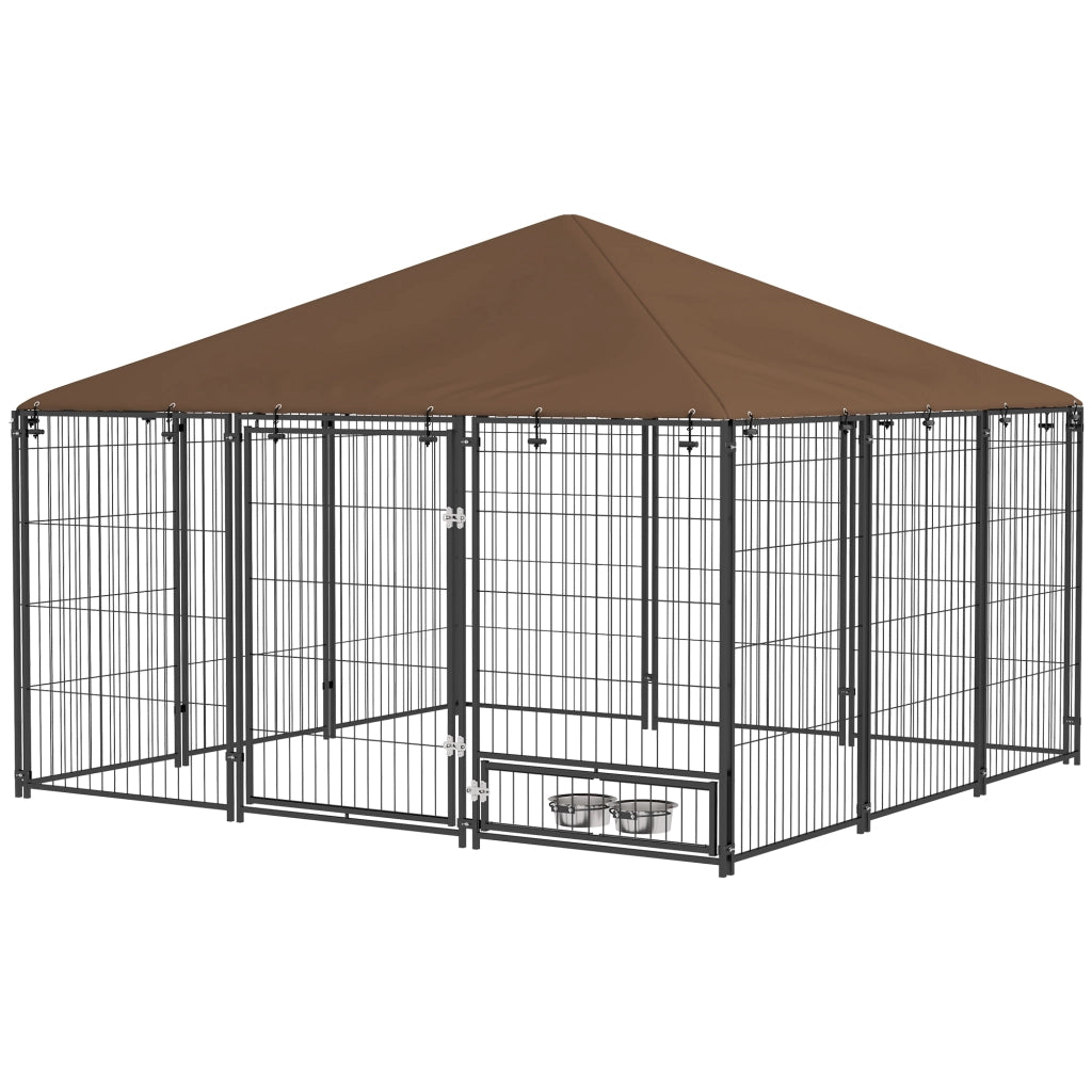 Recinto per Cani in Metallo e Tessuto Oxford con Porticina per Ciotole, 211x211x151 cm, Nero e Marrone