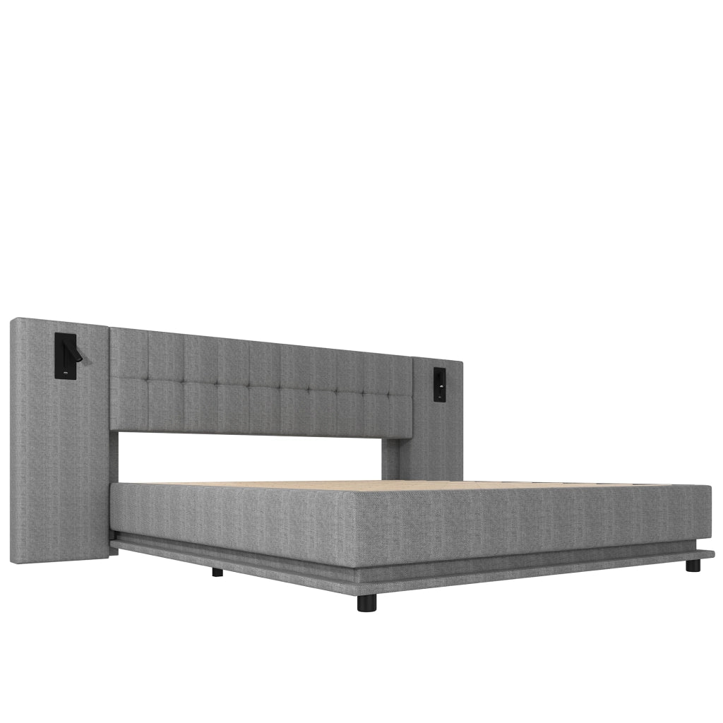 OKWISH Letto Imbottito 180×200 cm, Letto Matrimoniale con LED Regolabile, Luce Lettura e USB, senza Materasso, Lino, Grigio