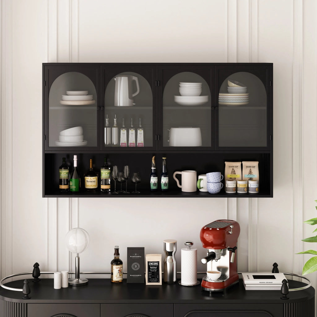 Mobile pensile con 4 ante in vetro e metallo per cucina e soggiorno nero 120 × 23 × 70 cm