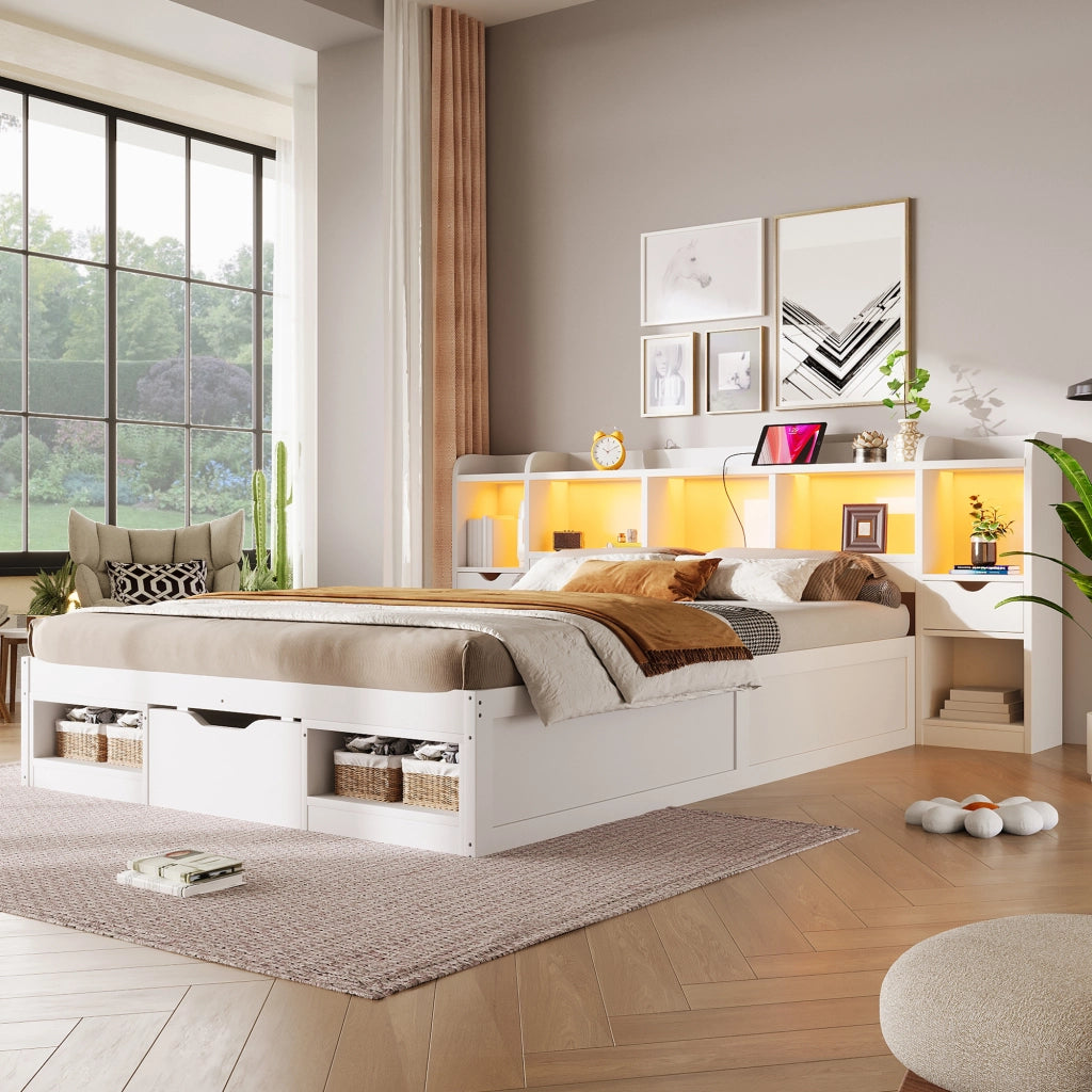Struttura letto 140x200 con contenitore; LED a sette colori e USB; bianca