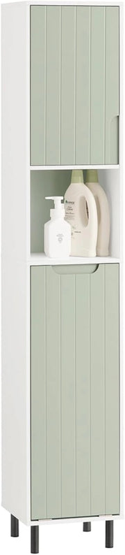 Mobile Alto Bagno Salvaspazio con Sacco Portabiancheria – Colonna Bagno Stretta con Ripiani, Armadietto per Lavanderia, WC o Bagni Piccoli, Bianco e Verde, 167x31x30cm, BZR137-GR