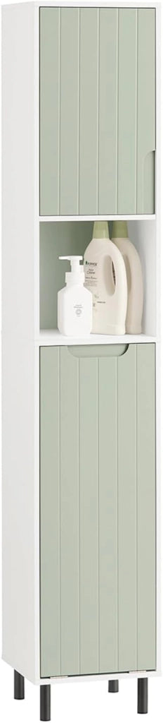 Mobile Alto Bagno Salvaspazio con Sacco Portabiancheria – Colonna Bagno Stretta con Ripiani, Armadietto per Lavanderia, WC o Bagni Piccoli, Bianco e Verde, 167x31x30cm, BZR137-GR