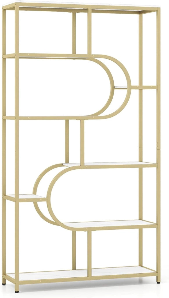 Libreria Geometrica a 8 livelli, scaffale portaoggetti con ripiani aperti in legno, telaio in metallo, kit antiribaltamento, 95 x 30 x 175 cm, per soggiorno, camera da letto, ufficio (bianco)