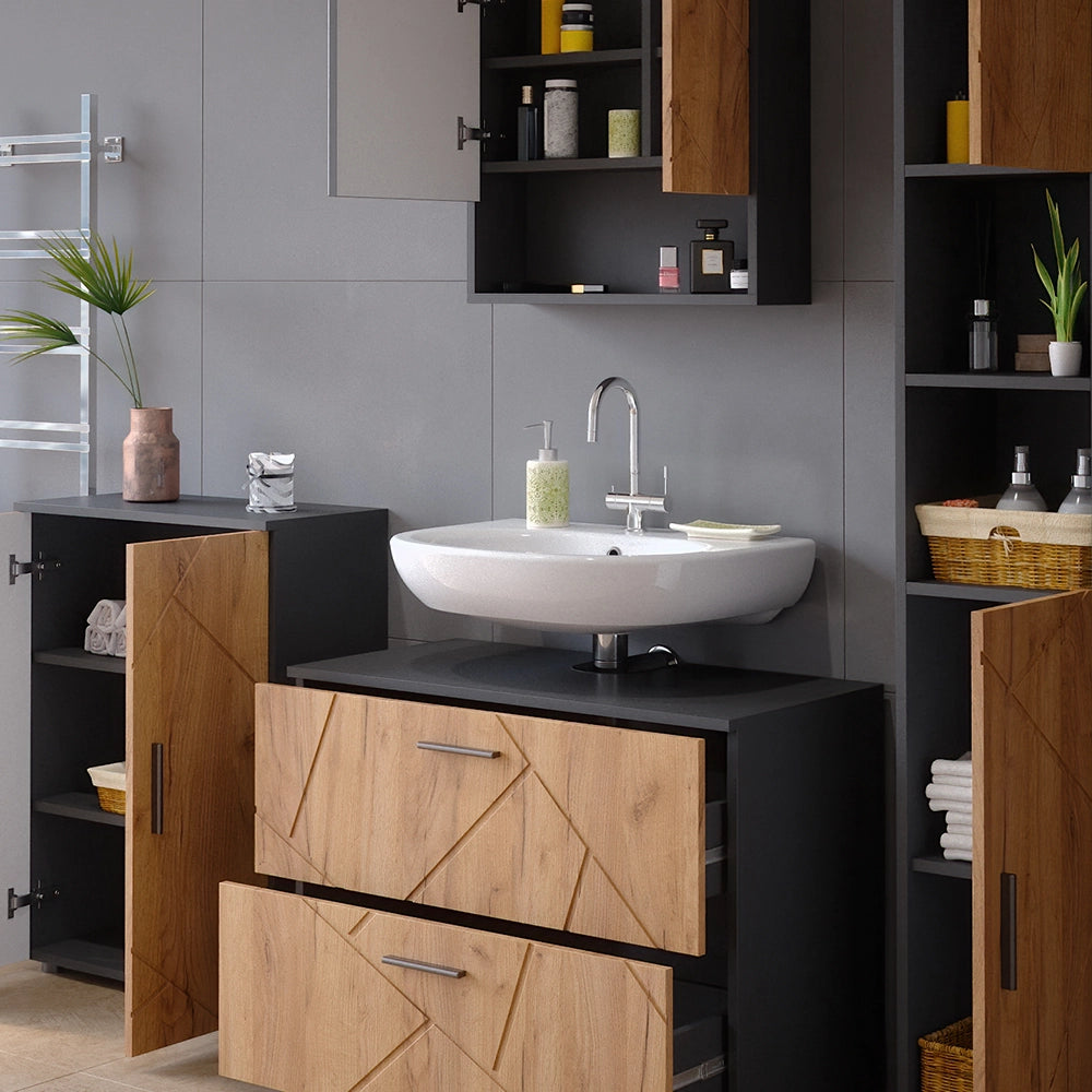 Vicco Set mobili bagno Quercia dorata/antracite 4 pezzi, con cassettiera e mobile midi