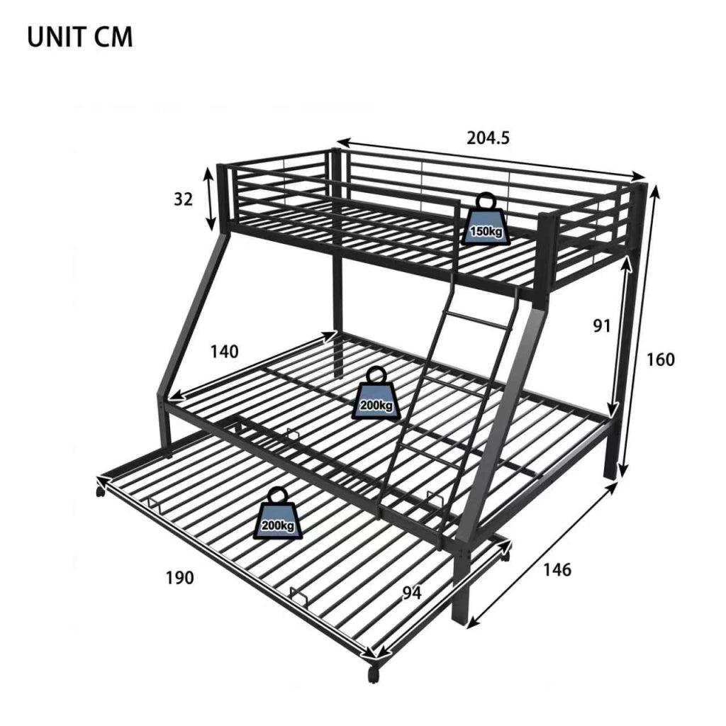 Letto a castello 90 × 200 cm e 140 × 200 cm con letto estraibile 90 × 190 cm, senza materasso, nero