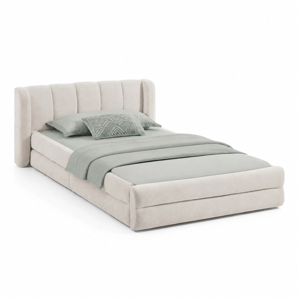 Letto singolo 90x200 cm imbottito in ciniglia con testiera ergonomica; beige