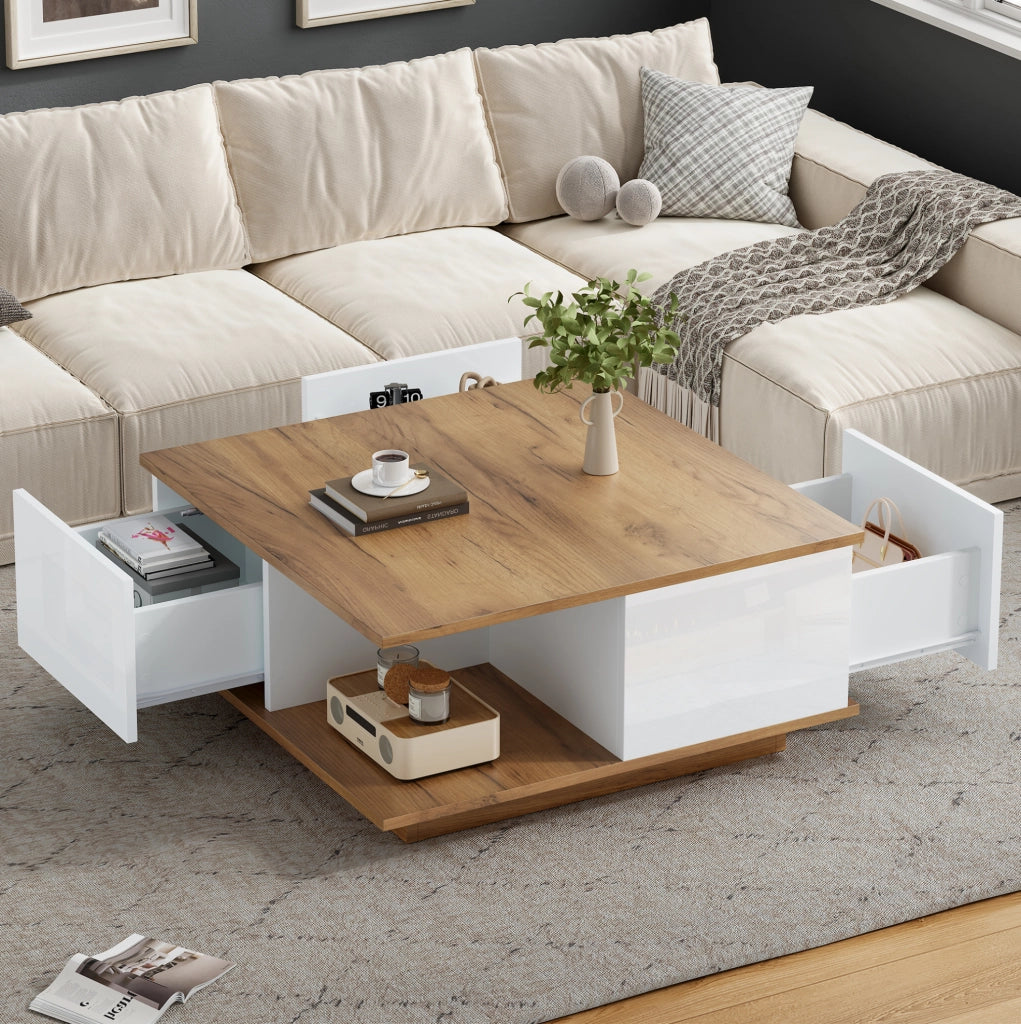 Tavolino da caffè quadrato 70 x 70 x 31;5 cm con 3 cassetti; bianco e legno