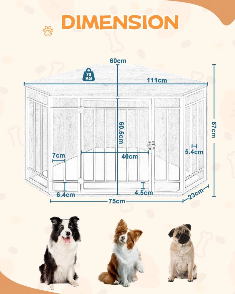 Gabbie per Cani da Interno, Gabbia per Cani ad Angolo, 111x60x67cm Kennel Cane Grande Media, Gabbia in Legno Decorativa con Porta Bloccabile, Sopporta Massima di 70kg