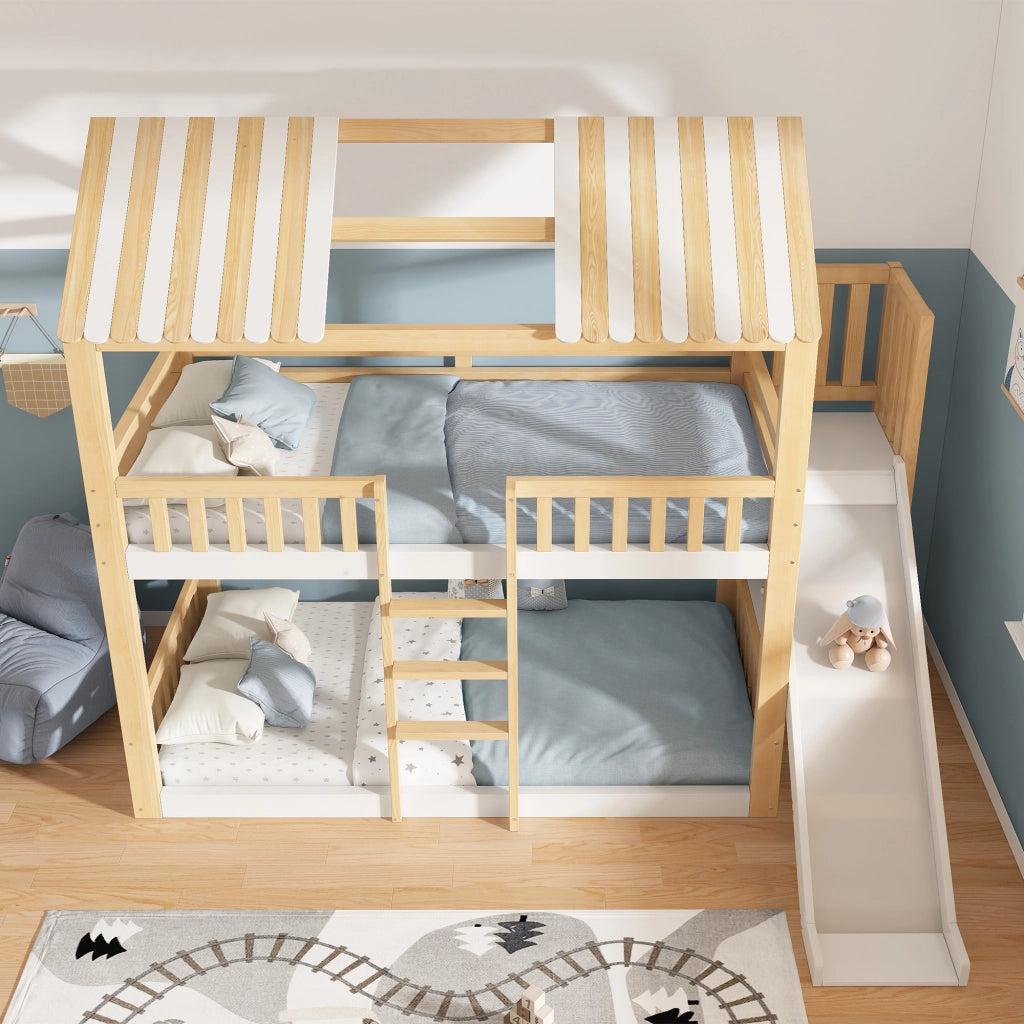 Letto a castello 90 × 200 cm con tetto a capanna, ripiano laterale e barriera, senza materasso, per bambini