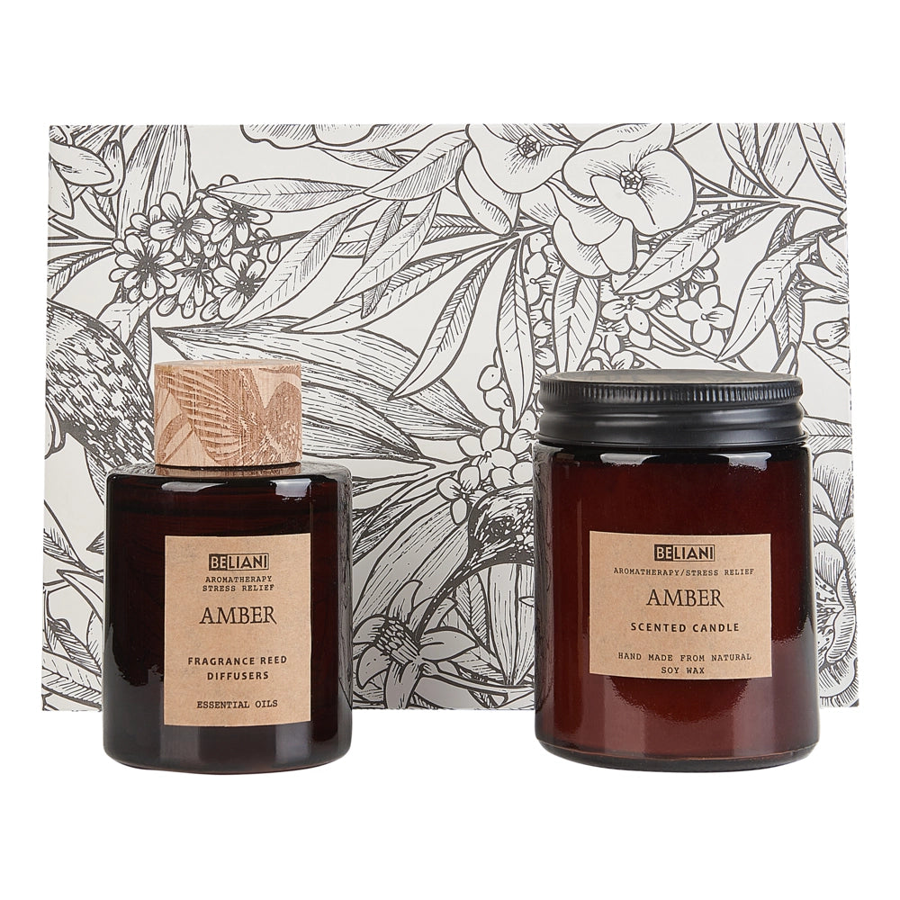 Set di fragranze 100% candela di soia bastoncini profumati diffusore d'ancia confezione di vetro scuro ambra orientale Dark Elegance
