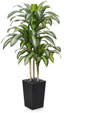 Drakenboom 150 cm Kunstplanten Groot - Pianta d'arte UV-resistente con 57 foglie, vaso nero e pietre di fiume - Pianta decorativa per soggiorno, ufficio, interni, esterni