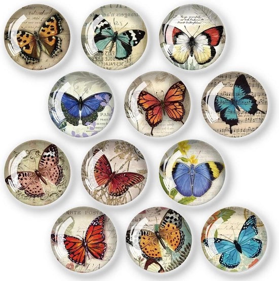 Magneti per frigorifero, decorativi, per bambini, per decorare frigoriferi, whiteboard, foto, glas, cabochon, glas, magneti per frigoriferi, 30 mm, design retro farfalla