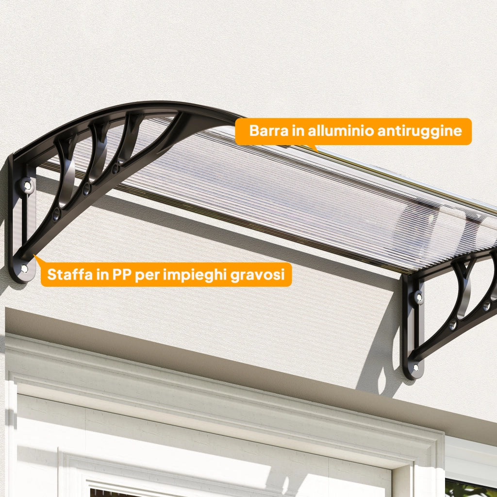 Pensilina da Esterni Impermeabile e Anti-UV, in PC, PP e Alluminio, 75x100x23 cm, Trasparente e Nero