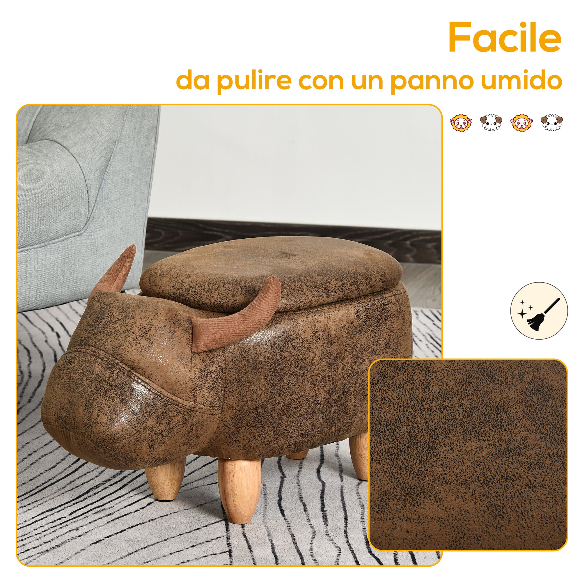 Pouf Poggiapiedi a Forma di Bufalo 62x35x36 cm in Tessuto Effetto Pelle Scamosciata Marrone