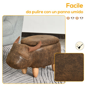 Pouf Poggiapiedi a Forma di Bufalo 62x35x36 cm in Tessuto Effetto Pelle Scamosciata Marrone
