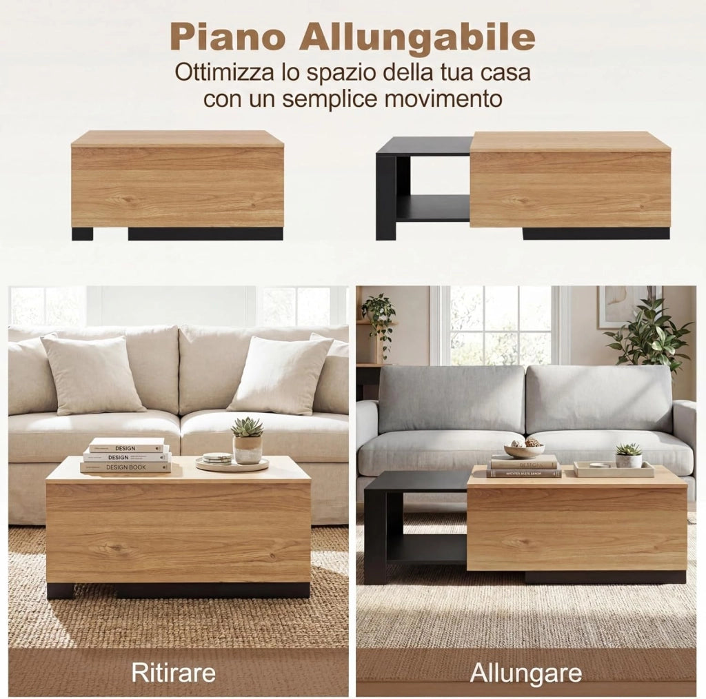 Tavolino da Caffè Allungabile, Tavolino da Soggiorno Salvaspazio con 2 Vani Portaoggetti e Piano Scorrevole, Tavolo Basso Rettangolare in Legno per Salotto e Ingresso, 118 x 60 x 37 cm