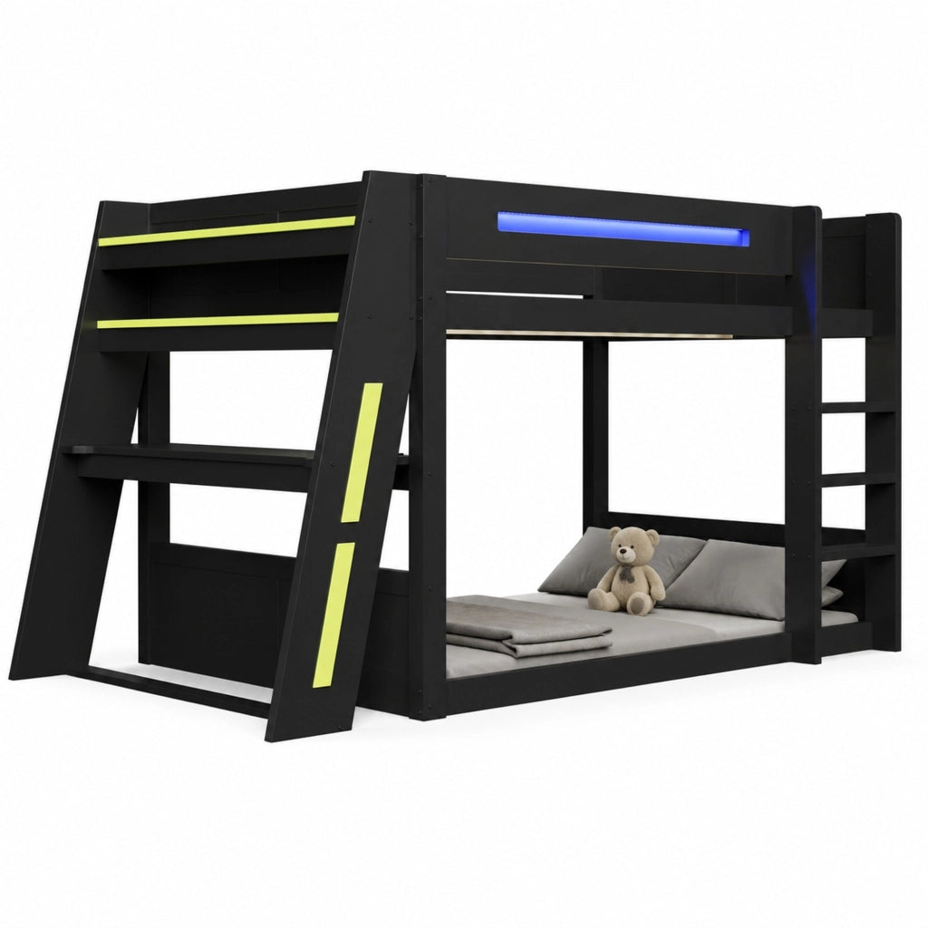 Letto a castello gaming 140x200 cm con scrivania; LED e USB in legno MDF e pino; nero