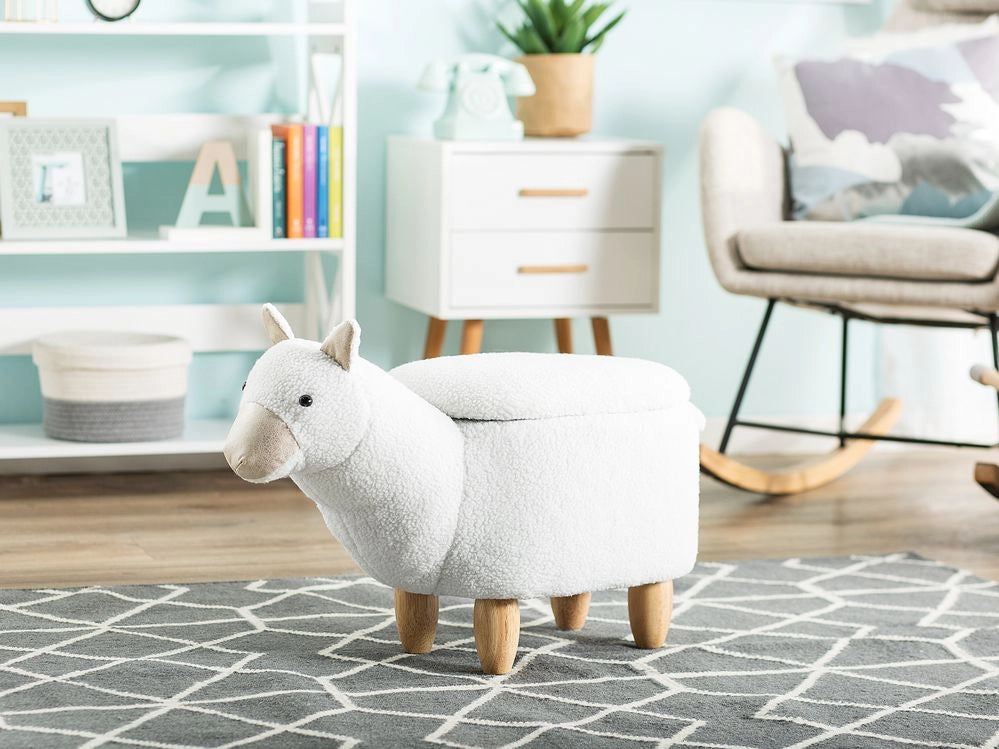 Sgabello per bambini Animale Alpaca Tessuto in poliestere bianco Gambe in legno imbottite contenitore Poggiapiedi per asilo nido
