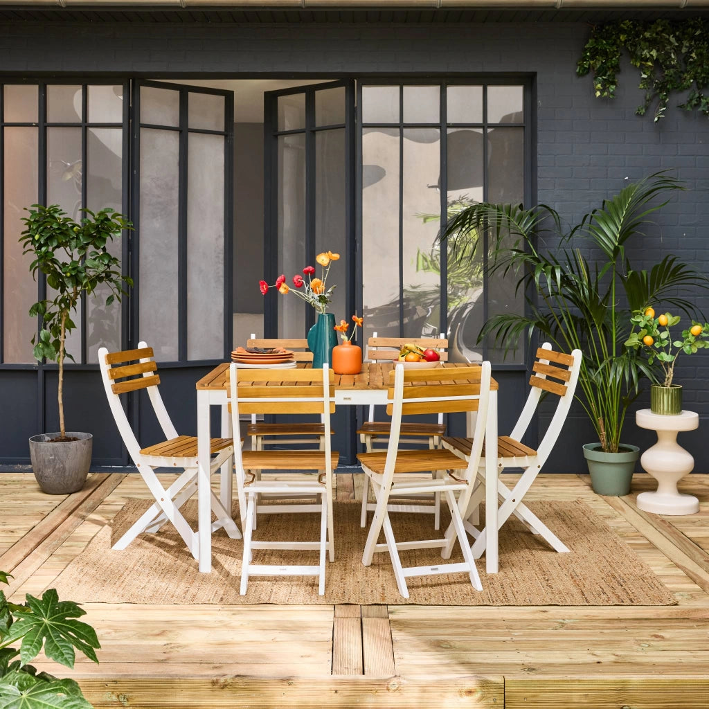 Set tavolo da giardino in acacia con angoli arrotondati con 6 sedie,