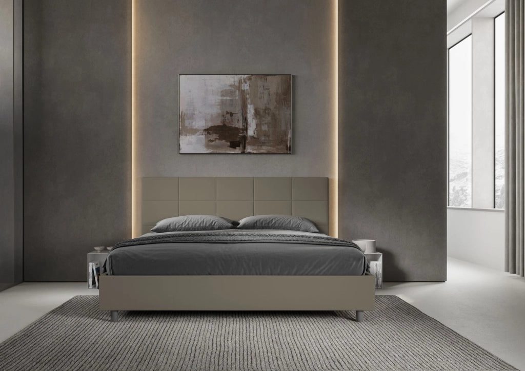 Letto Matrimoniale King Size 180x210 cm con Rete e Contenitore Imbottito in Similpelle Mika Cappuccino