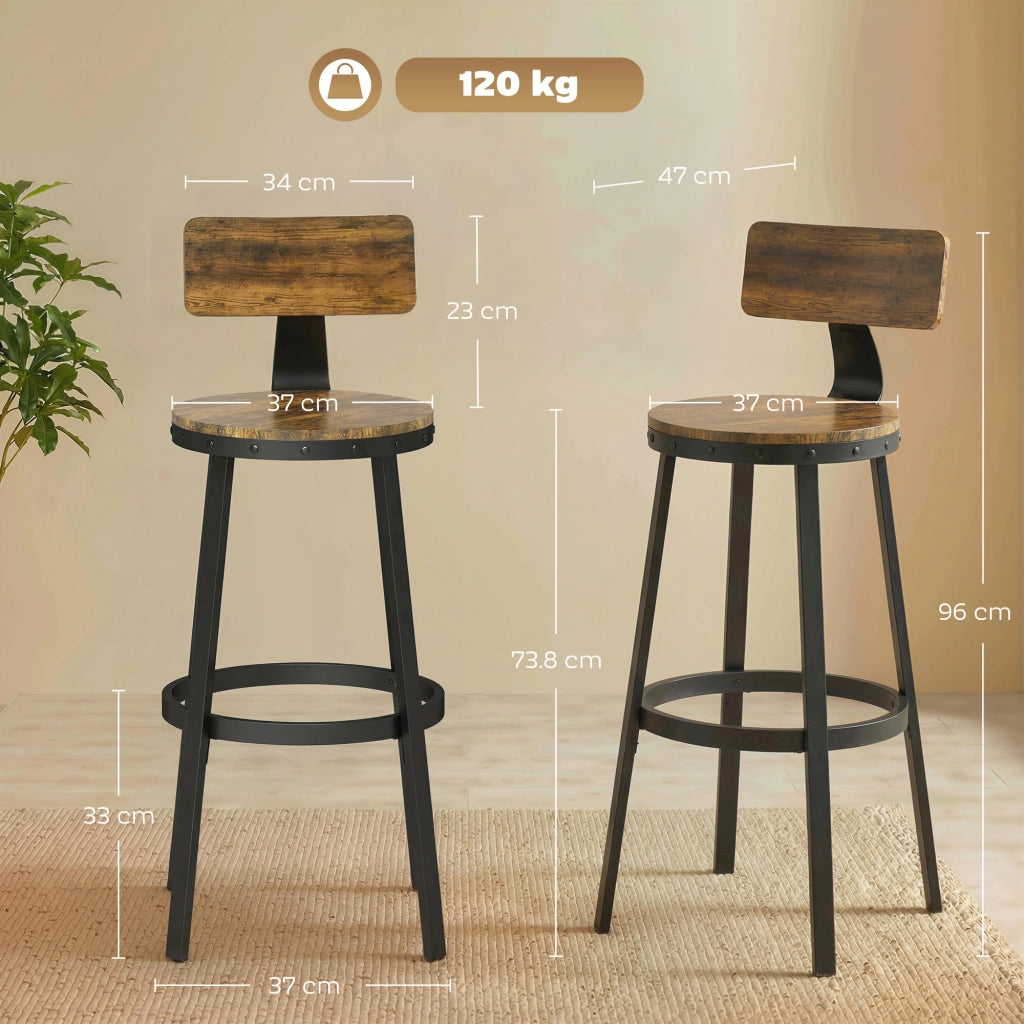 Set 2 Sgabelli da Bar Stile Rustico 37x47x96 cm con Poggiapiedi in Legno e Metallo Marrone