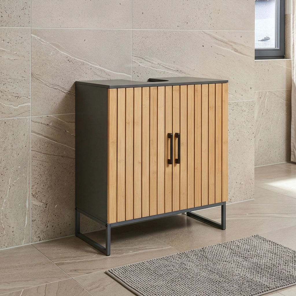 Mobile Sottolavabo Svanes a 2 Ante in Bambù e 3 Scomparti Chiusi 70 x 60 x 30 cm - Grigio Scuro/Naturale [en.casa]