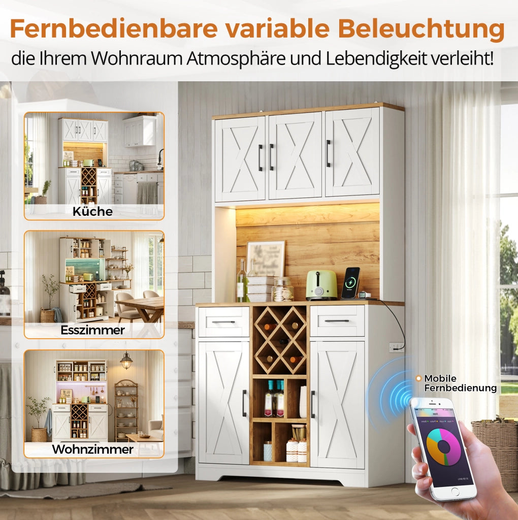 Credenza alta da cucina con LED RGB, portabottiglie e prese