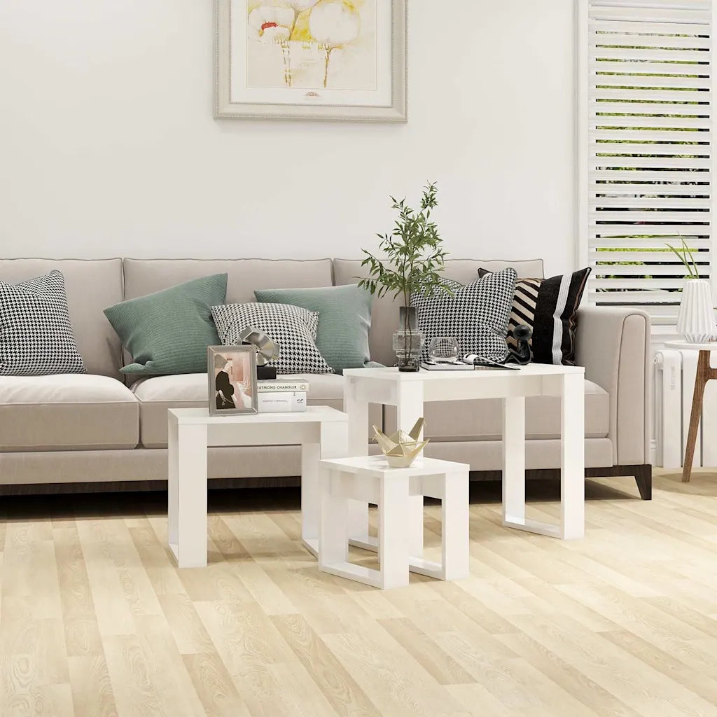 Tavolini Impilabili 3 pz Bianco Lucido in Legno Multistrato 808609
